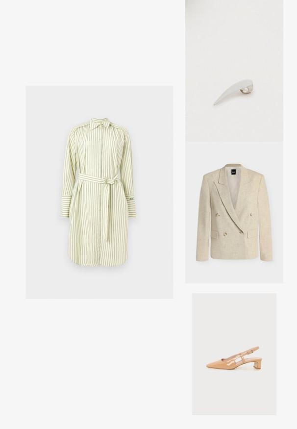 Veste croisée beige à revers crantés, quatre boutons en écaille et deux poches à rabat à l’avant, étiquette BOSS à l’intérieur du col.; Robe chemise à manches longues avec des rayures verticales vertes, boutonnée sur le devant, col pointu, manches à poignets et ceinture assortie nouée à la taille.; Chaussure slingback beige brillante avec un petit talon bloc, bout pointu et bride latérale réglable avec boucle sur fond uni.; Pince à cheveux blanche au design élégant et allongé, avec une fermoir argenté brillant. Texture lisse avec une légère courbe, soulignant son style minimaliste.