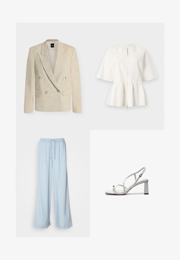 Beiger zweireihiger Blazer mit Kerbkragen, vier Schildpattknöpfen und zwei vorderen Pattentaschen, mit BOSS-Label innen im Kragen.; Weiße Bluse mit kurzen Ärmeln, einem Frontreißverschluss und einer gerafften Taille, die einen ausgestellten Peplumsaum erzeugt.; Helle blaue weite Hose mit elastischem Bund und Kordelzug, aus glattem Stoff und mit dezenten Nähten an den Seiten.; Weiße Riemchensandale mit einem flachen Zehenriemen, einem Blockabsatz und einem verstellbaren Knöchelriemen mit einer metallischen Schnalle.