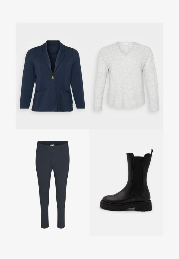 Blazer azul marino con solapas con muesca, cierre de un solo botón dorado y dos bolsillos frontales. Tejido suave y liso con una forma estructurada.; Suéter de manga larga gris claro con textura acanalada, escote en V y dobladillo ligeramente curvado. Material suave con variaciones sutiles en el patrón.; Pantalones de color azul marino, ajustados, con una textura suave, que presentan pliegues en la parte delantera y una cinturilla elástica para mayor comodidad.; Botín negro de longitud hasta el tobillo, con cuero liso y paneles laterales elásticos. Suela de goma gruesa con relieve y una cinta de tela en la parte trasera.