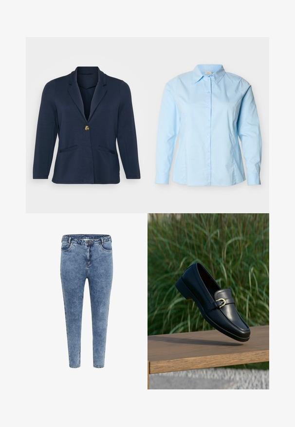 Mørkeblå blazer med slået krave, enkelt guldknaplukning og to frontlommer. Blødt, glat stof med en struktureret form.; Lyseblå skjorte med lange ærmer, knapper foran, klassisk krave, skræddersyet pasform og synlige syninger langs siderne og ærmerne.; Blå denim skinny jeans med høj talje, fem lommer og lynlåslukning. Stoffet har en let falmet tekstur med kontrasterende syninger.; Sort læderloafer med guldbeklædt spænde, der svæver over en træbænk, grøn græsmark sløret i baggrunden.