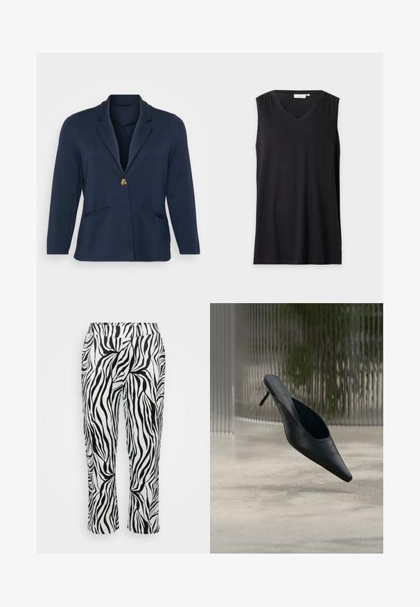 Mørkeblå blazer med slået krave, enkelt guldknaplukning og to frontlommer. Blødt, glat stof med en struktureret form.; Sort ærmeløs V-hals top med subtil gathered detalje på skuldersømme, vist på en neutral grå baggrund.; Sorte og hvide stripede bukser med et flydende design, elastisk talje og let udvidede ben med en tekstureret finish.; Sort mule sko med spids tå og tynd høj hæl, der svæver over en glat beton gulv med en sløret baggrund med lodrette striber.