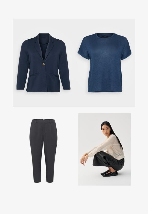 Blazer bleu marine avec un col cranté, fermeture à bouton doré unique et deux poches avant. Tissu doux et lisse avec une forme structurée.; T-shirt à manches courtes bleu marine en tissu doux avec un col rond et des poignets retroussés, présentant une coupe ample et un ourlet droit.; Pantalons gris ajustés en tissu lisse. Comprend une fermeture à bouton, des passants de ceinture, et des jambes fuselées avec un ourlet retroussé.; Pull léger beige clair en maille transparente avec des manches bouffantes, associé à un pantalon large en cuir noir et des chaussures noires brillantes avec un détail de sangle.