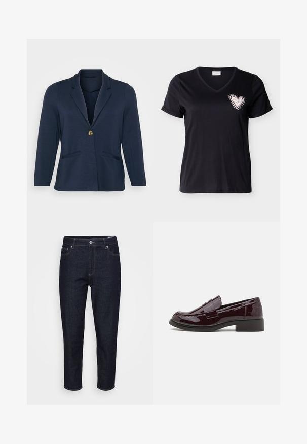 Marineblauer Blazer mit Reverskragen, einreihiger goldener Knopfverschluss und zwei aufgesetzten Taschen. Weicher, glatter Stoff mit strukturierter Form.; Schwarzes T-Shirt mit V-Ausschnitt und kurzen Ärmeln, mit aufgerollten Ärmelbündchen, versehen mit einem pinkfarbenen Herzaufnäher mit kleinen Nieten und motivierendem Text um die Brust.; Gerade geschnittene dunkelblaue Jeans aus Denim mit vorderen Taschen, Gürtelschlaufen und einem Frontknopfverschluss, vor einem neutralen Hintergrund präsentiert.; Burgunderfarbene Lackleder-Slipper mit niedrigem Blockabsatz, die traditionelle Nähte und einen Riemenakzent über dem Spann aufweisen.