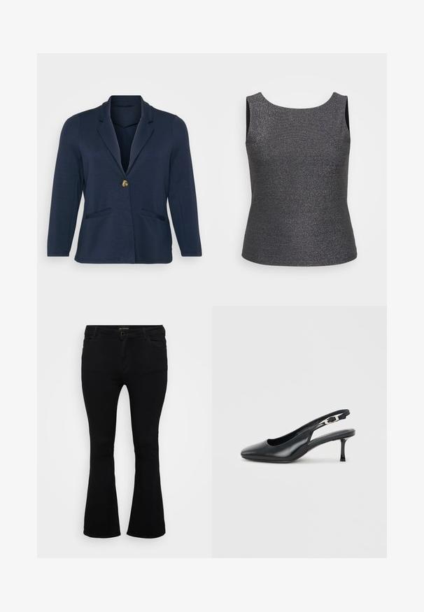 Blazer azul marino con solapas con muesca, cierre de un solo botón dorado y dos bolsillos frontales. Tejido suave y liso con una forma estructurada.; Top sin mangas en gris oscuro con un brillo metálico, que presenta un escote redondo y una forma ajustada, fabricado con una tela texturizada.; Pantalones vaqueros de corte acampanado en negro, fabricados en denim, con cierre de botón, cinco bolsillos y una textura suave. Diseño clásico con dobladillo acampanado.; Zapato tipo slingback de cuero negro con punta puntiaguda, tacón bajo y delgado estilo kitten, y correa ajustable con hebilla, sobre un fondo claro y liso.