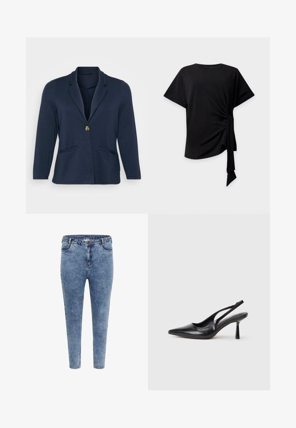 Blazer bleu marine avec un col cranté, fermeture à bouton doré unique et deux poches avant. Tissu doux et lisse avec une forme structurée.; Haut noir à manches courtes avec encolure ronde et détail de nœud latéral créant un tissu froncé et un lien suspendu sur un fond clair.; Jean skinny en denim bleu avec taille haute, cinq poches et fermeture éclair. Le tissu a une texture légèrement décolorée avec des coutures contrastantes.; Chaussure à talon haut en cuir noir, à bride arrière, avec un bout pointu et un talon fin sur fond blanc.