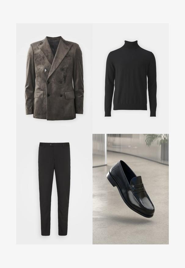 Dobbeltradet blazer i mørkegrå ruskind. Bemærkelsesværdige træk inkluderer spidse klapper, fire knapper og to forlommer med en glat overflade.; Sort turtleneck sweater lavet af blødt stof, med lange ærmer og ribbet krave, en glat tekstur og tætsiddende design.; Sorte, skræddersyede bukser med lige ben-design, forlommer og knaplukning. Fremstillet af et glat stof med en let glans.; Sorte læder loafers med en glat finish, rundet tå, dekorative syninger og en let forhøjet ydersål.