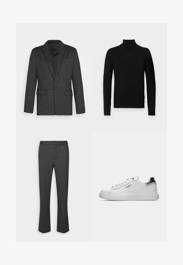 Brave Soul MJK ROCKBLAZE - Blazere - dark grey; Sort langærmet turtleneck sweater med ribbet krave, manchetter og kant, vist på en hvid baggrund.; Only & Sons ONSLAW STRUCTURE PANT - Bukser - grey; Hvide lavtop sneakers med sort hælakse, hvide snørebånd og "Pepe Jeans London" logo på siden, vist i profil mod en hvid baggrund.