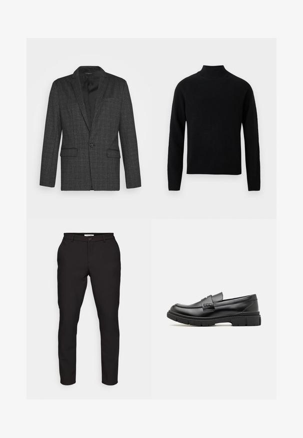 Brave Soul MJK ROCKBLAZE - Veste de costume - dark grey; Pull noir à col roulé avec manches longues, fabriqué en maille douce. Caractérisé par un col et un ourlet côtelés pour une silhouette ajustée.; Pantalons noirs ajustés avec une coupe slim. Comprend une fermeture à glissière, un bouton, des poches latérales et un tissu lisse et léger.; Mocassin en cuir noir avec une large sangle sur le devant, semelle en caoutchouc à épaisse rainure, et texture lisse. Design classique et élégant.