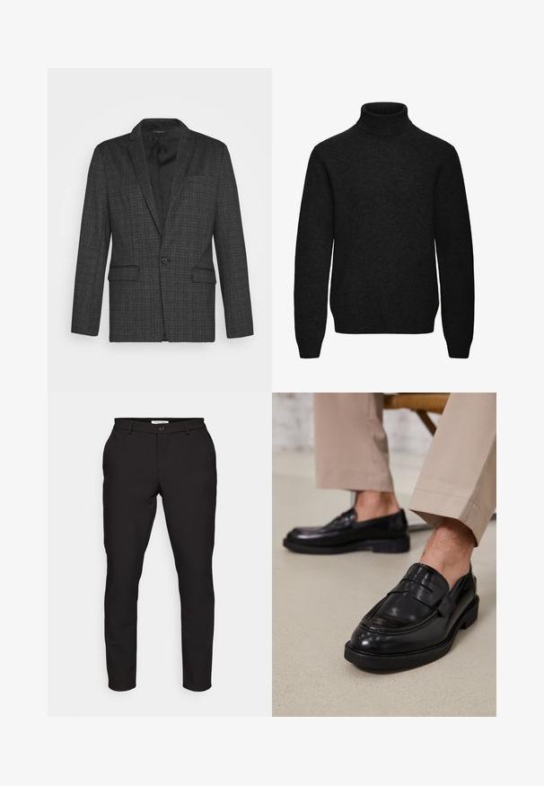 Brave Soul MJK ROCKBLAZE - Veste de costume - dark grey; Pull noir à col roulé manches longues avec poignets et ourlet côtelés, en tissu tricoté doux.; Pantalons noirs ajustés avec une coupe slim. Comprend une fermeture à glissière, un bouton, des poches latérales et un tissu lisse et léger.; Mocassins en cuir noir avec une finition lisse, ornés d'une sangle décorative et de coutures contrastées, associés à un pantalon beige.
