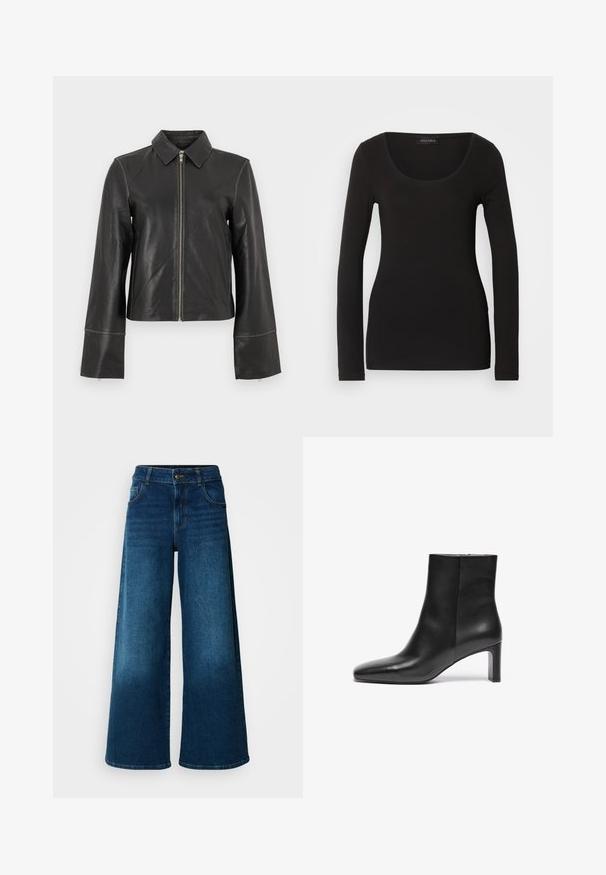 Veste en cuir noir avec un col à revers, une fermeture éclair à l'avant et des manches longues évasées. Texture lisse avec des détails de coutures minimales.; Haut noir à manches longues avec un décolleté en U, fabriqué en tissu doux et extensible. Présente une forme ajustée et une texture lisse. Étiquette de marque visible.; Jean large en denim bleu foncé. Doté d'une taille haute, d'une fermeture à bouton et d'un design classique à cinq poches avec une légère décoloration.; Bottine en cuir noir avec un bout pointu, un talon effilé et une texture lisse ; elle dispose d'une fermeture éclair sur le côté.