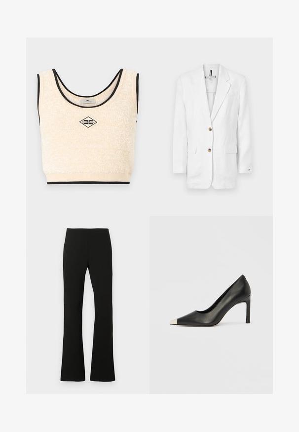 Blazer en lin blanc à manches longues, avec deux poches avant et deux boutons marron. Comprend un col cranté et une poche poitrine.; Haut court sans manches en texture crème avec un bord noir et un patch logo en forme de losange centré portant l'inscription "Elisabetta Franchi".; Pantalon noir évasé en tissu stretch, avec une texture lisse et une taille haute. Design simple sans motifs ni accents visibles.; Chaussure à talon haut en cuir noir avec bout pointu et capuchon argenté métallique. Présente une finition lisse et un talon fin de 10 cm.