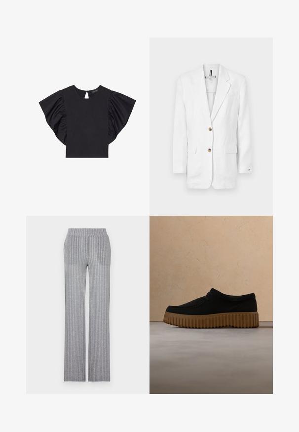 Blazer de lino blanco con manga larga, dos bolsillos delanteros y dos botones marrones. Presenta un cuello de muesca y un único bolsillo en el pecho.; Top corto negro de manga corta con mangas rizadas dramáticas, escote redondo y detalle de abertura en la parte posterior. Material suave.; Pantalones de punto gris con textura acanalada, cintura ajustada y pierna acampanada. Presentan un brillo sutil y rayas verticales para dar textura.; Clarks TORHILL BEE - Zapatos con cordones - black