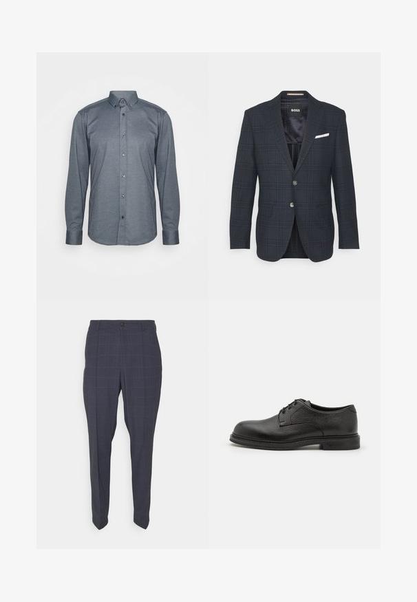 BOSS HUTSON - Americana - dark blue; Camisa de manga larga abotonada en tela gris oscuro, con cuello, botones frontales y puños. Textura suave con un diseño ajustado.; BOSS PERIN - Pantalones chinos - dark blue; Emporio Armani LACED SHOE - Zapatos de vestir - nero