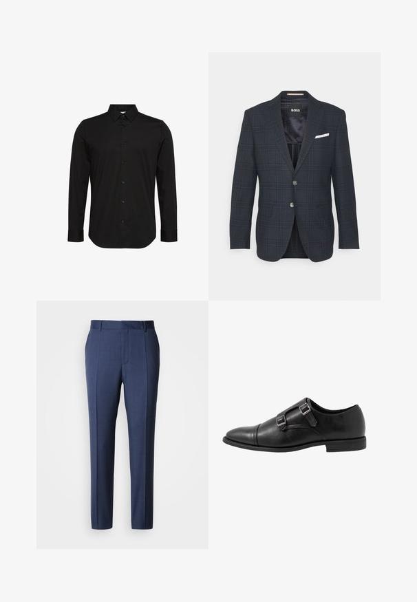 BOSS HUTSON - Americana - dark blue; Camisa negra de manga larga hecha de tela suave, con un cuello puntiagudo, cierre frontal con botones y un pequeño logo en el pecho.; Pantalones entallados azul marino hechos de tela suave, con frente plano, trabillas para cinturón y pliegues prensados para un aspecto limpio.; Zapato de monk strap de cuero negro con dos hebillas plateadas, diseño con puntera, punta redonda y suela de goma de perfil bajo. Textura suave, silueta elegante.