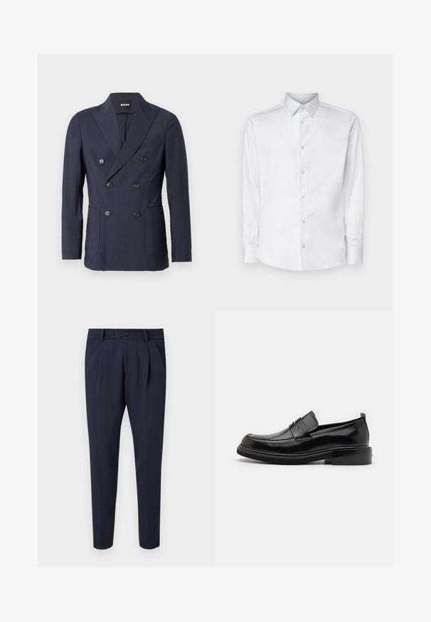 Blazer marino de doble botonadura fabricado en una tela suave. Cuenta con solapas con muesca, dos bolsillos delanteros y seis botones negros para el cierre.; Camisa blanca de manga larga hecha de tela suave, con un cuello clásico, tapeta de botones y puños con botones, presentada sobre un fondo liso.; Pantalones de marina hechos de tejido suave, con pliegues, cierre de cremallera y botón, bolsillos laterales y un diseño de pierna ajustada.; Calvin Klein MOCCASIN - Mocasines elegantes - black