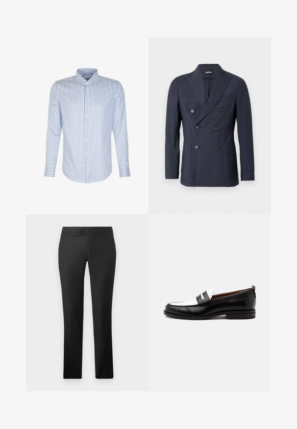 Marineblauer zweireihiger Blazer aus glattem Stoff. Verfügt über Revers mit Kerbkragen, zwei Fronttaschen und sechs schwarze Knöpfe zum Verschließen.; Herren Langarmhemd, hellblau mit weißen Streifen, knöpfbarer Frontverschluss, klassischer Kragen, Baumwollstoff, glatte Textur, abgerundeter Saum.; Schwarze gerade geschnittene Hose aus glattem Stoff, mit flachem Vorderteil, ohne sichtbare Taschen und einem sauberen Taillendesign.; Schwarz-weißer Lederloafer mit genähten Details, niedrigem Absatz und einem Slip-On-Design, seitlich auf neutralem Hintergrund gezeigt.