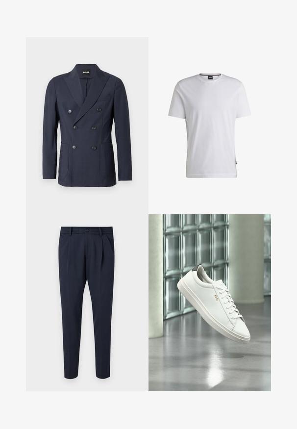 Navy dubbelbreasted blazer gemaakt van gladde stof. Voorzien van ingesneden revers, twee voorzakken en zes zwarte knopen als sluiting.; Witte T-shirt met korte mouwen van katoen. Heeft een ronde hals en een subtiele merklabel aan de zijkant. Zachte textuur en eenvoudig ontwerp.; Marineblauwe broek van gladde stof, met plooien, een ritssluiting en knoopsluiting, zijzakken en een taps toelopend ontwerp.; Witte leren lage sneaker met veters, zwarte hielstrook en "BOSS"-logo, zwevend binnenshuis bij een glazen stenen muur en gepolijste vloer.