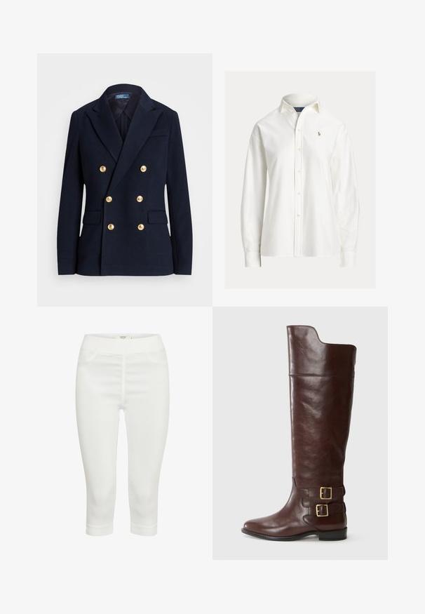 Marineblå dobbeltradet blazer med seks gyldne knapper, hakrevers, klaplommer og en Polo by Ralph Lauren label inde i kraven.; Hvid langærmet skjorte med knapper, krave og lille broderet logo på venstre bryst.; Hvide capri-bukser lavet af et strækbart stof, med en glat tekstur, to forlommer og en behagelig elastisk talje.; Brune læderknæhøj støvle med en rund tå, der har to guldtonede spænder ved anklen og en glat, poleret overflade.