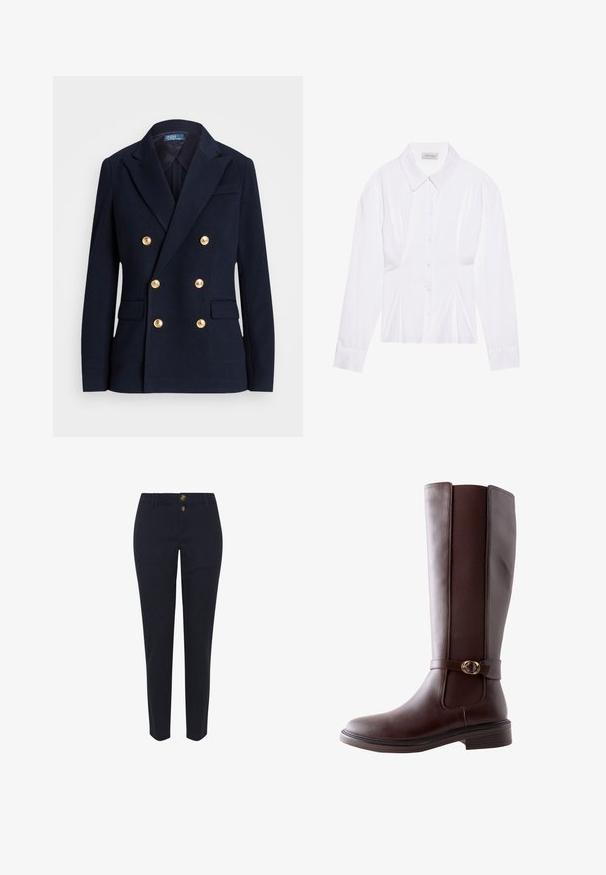 Tumesinine kahe rea kullast nuppudega bleiser, sälgudega krae, klapitaskud ja Polo by Ralph Lauren silt krae sees.; Valge pikkade varrukatega pluus klassikalise kraega, ees nööbiga sulgemine ja kokkuvõetud külgedega detail. Sile kangas ja kohandatud lõige.; Tumesiniste puuvillased püksid sirge säärega disainiga, kaunistatud kahe kuldse nupuga ja tavaliste vööaasadega. Sile tekstuur, mustriteta.; Next STANDARD FIT - FOREVER COMFORT ROUND BUCKLE DETAIL - Saapad - new chocolate brown