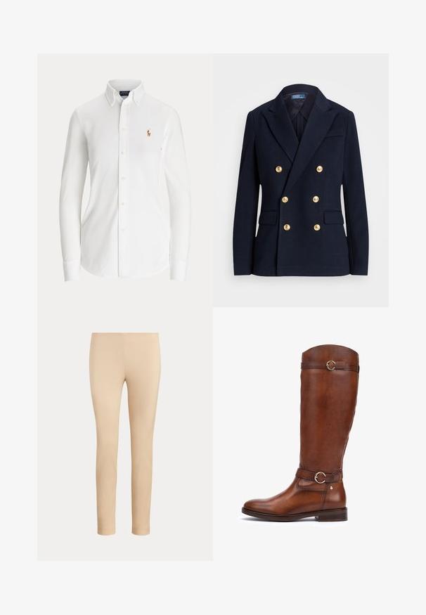 Blazer azul marino de doble botonadura con seis botones dorados, solapas con muesca, bolsillos con solapa y una etiqueta Polo by Ralph Lauren dentro del cuello.; Camisa blanca de manga larga con botones, cuello abotonado y pequeño logo bordado de jugador de polo en el pecho.; Pantalones beige ajustados hasta el tobillo con un acabado liso y sin bolsillos visibles ni adornos sobre un fondo liso.; Botas de cuero marrón hasta la rodilla con un acabado suave, puntera redondeada, una correa decorativa con una hebilla circular y un tacón bajo apilado.