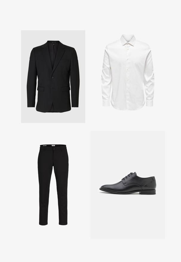 Sort blazer af glat stof. Har en enkelt knaplukning, hakkede revers, to forlommer og et elegant, skræddersyet design.; Hvid herreskjorte med lange ærmer, spids krave og række af hvide knapper foran på ensfarvet baggrund.; Smaltsiddende sorte bukser med bæltestropper, foran med knap og lynlås, vist mod en hvid baggrund.; Sorte læderdressko med en glat tekstur, spids tå, lav hæl og seks snørrehuller. Simpelt design uden udsmykninger.
