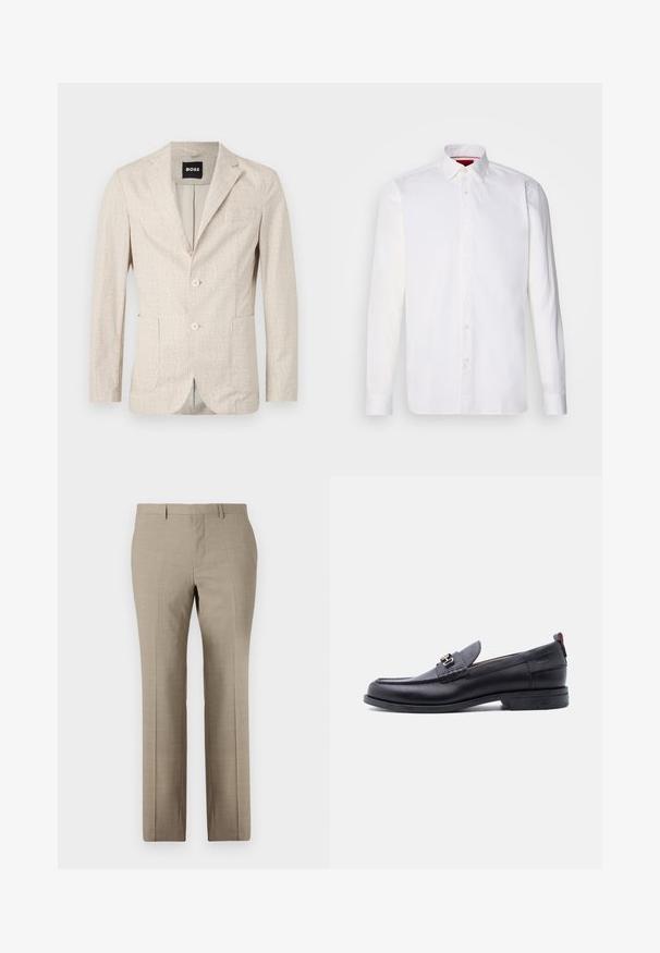 Blazer beige claro con tejido texturizado, solapas de muesca, dos bolsillos frontales y dos botones. El interior tiene un forro contrastante.; Camisa blanca de manga larga hecha de algodón, con un collar clásico, placket frontal con botones y una textura suave. Detalle interior del collar en rojo.; Pantalones beige a medida con una textura suave, diseño de pierna recta, un sutil patrón de cuadro y frente plano. Incluye dos bolsillos traseros.; Mocasín de cuero negro con empeine gris texturizado, detalle de hebilla metálica plateada, tacón bajo y lengüeta para tirar en la parte trasera.