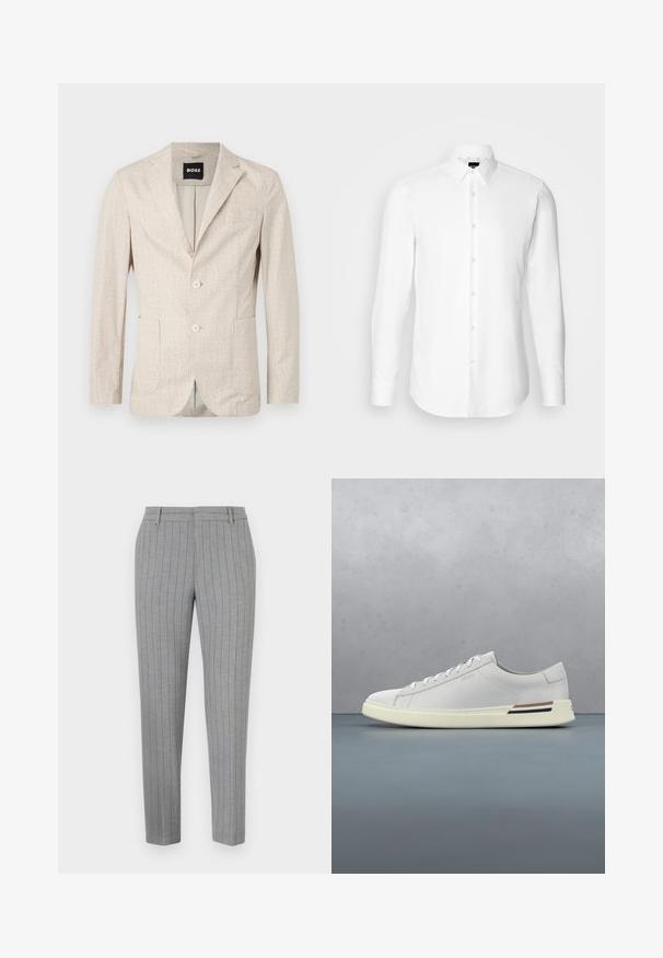 Blazer beige claro con tejido texturizado, solapas de muesca, dos bolsillos frontales y dos botones. El interior tiene un forro contrastante.; Camisa blanca de manga larga, con cierre de botones en el frente, cuello clásico, confeccionada con una tela suave con una textura sutil, diseñada para un ajuste entallado.; Pantalones a rayas grises con un ajuste entallado, frente plano y bolsillos laterales. Fabricados con una tela suave y un brillo sutil.; Zapatilla de cuero blanco con punta redonda, cordones en la parte delantera, suela de goma crema y detalle en tono marrón. La superficie texturizada muestra un diseño minimalista.