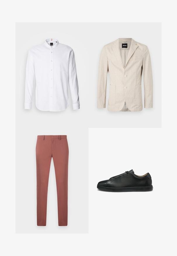 Blazer beige claro con tejido texturizado, solapas de muesca, dos bolsillos frontales y dos botones. El interior tiene un forro contrastante.; Camisa blanca de manga larga con cuello de banda, cierre de botones en el frente y dobladillo redondeado. Hecha de algodón, presenta una textura suave y un brillo sutil.; Pantalones a medida en color rojo ladrillo, fabricados con una tela suave, con un corte recto, cinturas con presillas y un cierre frontal de cremallera con botón.; Zapatilla deportiva de cuero negro de corte bajo con costuras mínimas, puntera redondeada y suela de goma plana, mostrada de perfil sobre fondo blanco.