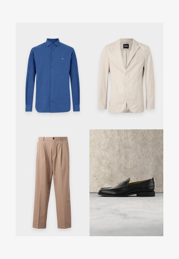 Helle beigen Blazer mit strukturiertem Stoff, mit Reverskragen, zwei Vordertaschen und zwei Knöpfen. Innenfutter hat eine kontrastierende Färbung.; Blaues Langarmhemd aus Baumwolle, mit durchgehender Knopfleiste, klassischem Kragen und dezentem Logo-Stick auf der Brust.; Beige Hosen aus Baumwolle, mit geradem Bein, vorderen Falten, einem Knopfverschluss und seitlichen Taschen. Glatte Textur.; Schwarzer Herren-Slipper aus Leder mit einer krokogeprägten Vorderkappe und einem niedrigen Absatz, im Profil vor neutralem Hintergrund gezeigt.