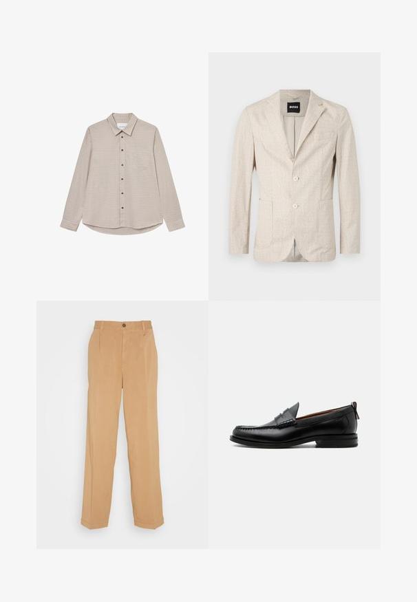 Helle beigen Blazer mit strukturiertem Stoff, mit Reverskragen, zwei Vordertaschen und zwei Knöpfen. Innenfutter hat eine kontrastierende Färbung.; Braun- und beige kariertes Langarmhemd mit Button-Down-Kragen, Brusttasche und braunen Knöpfen, mit abgerundetem Saum.; Beige weite Hose aus weichem Stoff, mit zwei frontalen Taschen, einem Knopfverschluss und Bügelfalten entlang der Beine.; Schwarzer Leder-Herrenschuh mit Mokassinnaht, Penny-Riemen, strukturiertem Kragen und niedrigem gestapeltem Absatz auf weißem Hintergrund.