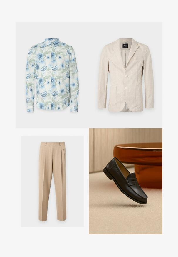 Blazer beige clair avec un tissu texturé, des revers en pointe, deux poches avant et deux boutons. L'intérieur présente une doublure contrastante.; Chemise à manches longues en tissu léger, ornée de fleurs aquarelles bleu et vert, avec des boutons et un col classique.; Pantalon beige sur mesure avec plis sur le devant, passants de ceinture et jambes droites, présenté sur un fond clair et uni.; Chaussure mocassin en cuir noir suspendue au-dessus d’un tapis beige avec du mobilier moderne couleur ambre en arrière-plan.