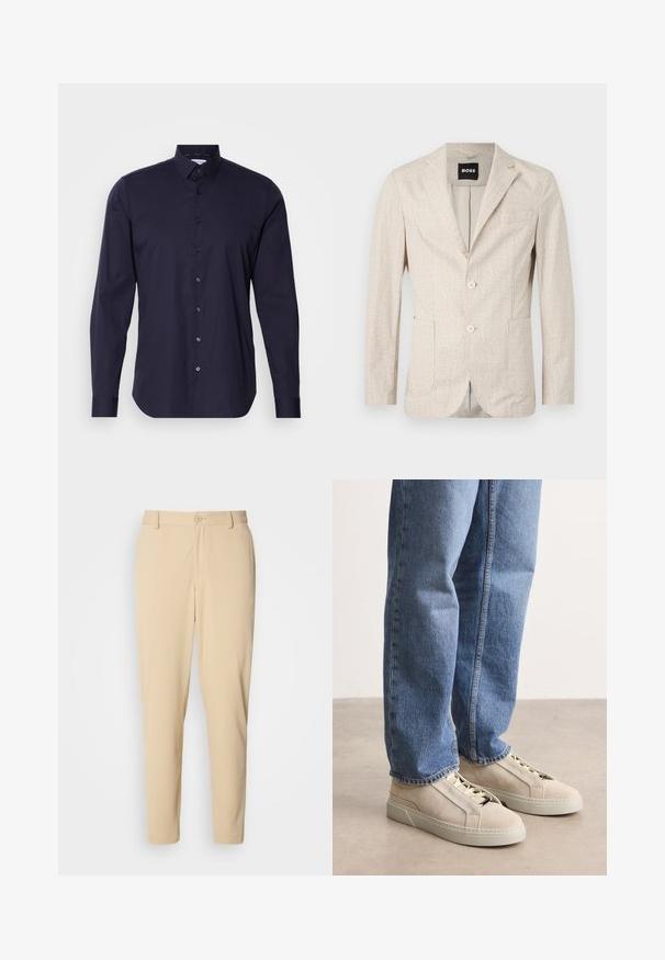 Helle beigen Blazer mit strukturiertem Stoff, mit Reverskragen, zwei Vordertaschen und zwei Knöpfen. Innenfutter hat eine kontrastierende Färbung.; Dunkelblaue Button-Down-Bluse mit langen Ärmeln, klassischem Kragen und schlanker Passform. Aus glattem Stoff mit einem dezenten Logo auf der Brust.; Beige, strukturierte Hose mit schmalem Schnitt, mit einem Frontknopfverschluss, Gürtelschnallen und seitlichen Taschen. Glatte Gewebeoberfläche.; BOSS GARYTENN_SDHDEL - Sneaker low - natural ten