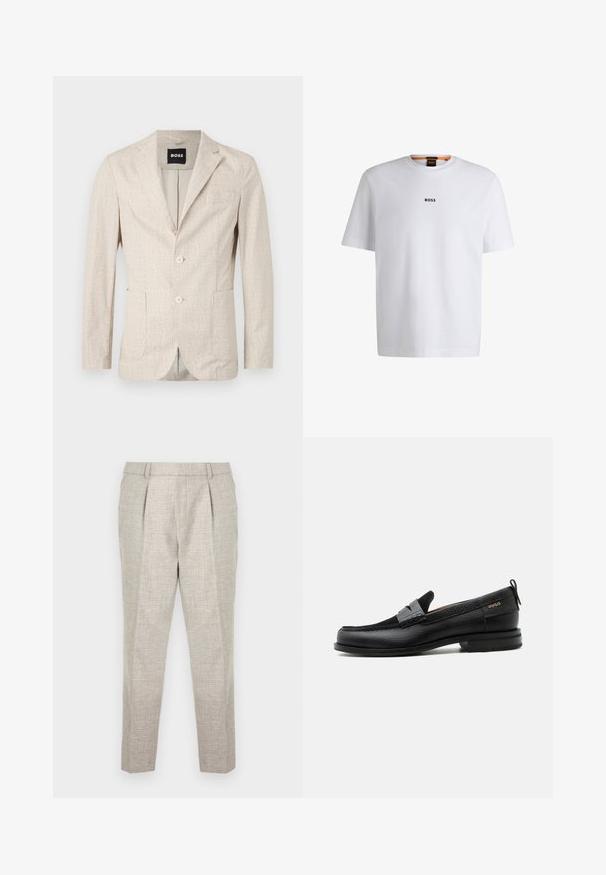 Helle beigen Blazer mit strukturiertem Stoff, mit Reverskragen, zwei Vordertaschen und zwei Knöpfen. Innenfutter hat eine kontrastierende Färbung.; Weißes Baumwoll-T-Shirt mit kurzen Ärmeln, ausgestattet mit einem schwarzen "BOSS"-Logo, das mittig auf der Brust platziert ist, und einem runden Halsausschnitt.; Hellegraue, zugeschnittene Hosen aus strukturiertem Material, mit flachem Frontdesign, zwei vorderen Falten und schlank zulaufenden Beinen, die knapp oberhalb der Knöchel enden.; Schwarzer Lederloafer mit grauem Riemendetail, niedrigem Absatz und strukturierter Sohle, seitlich mit „HUGO“ in Gold gebrandmarkt.
