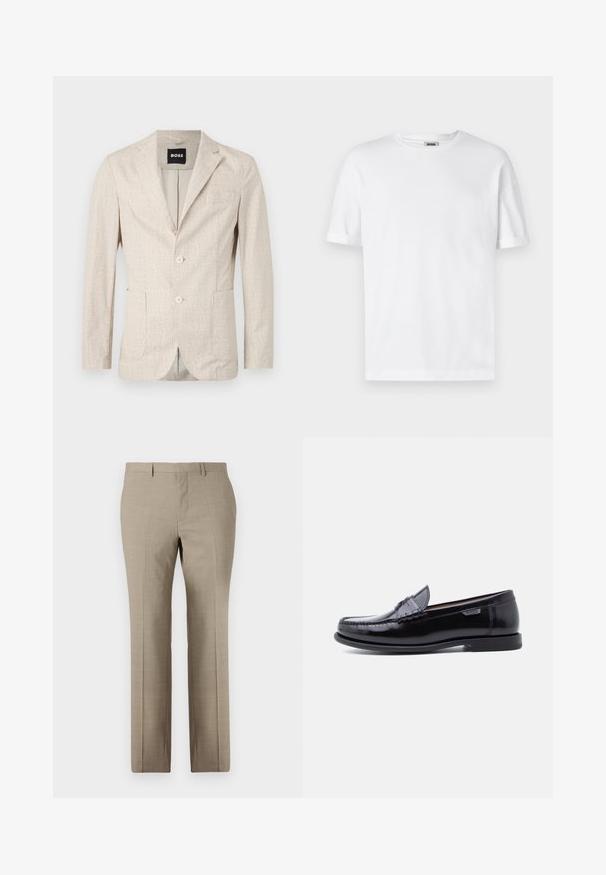 Blazer beige clair avec un tissu texturé, des revers en pointe, deux poches avant et deux boutons. L'intérieur présente une doublure contrastante.; T-shirt en coton blanc avec un col rond, des manches courtes et des revers roulés ; design sobre, texture douce et coupe droite.; Pantalons beige sur mesure avec une texture lisse, design à jambe droite, motif à carreaux subtil et devant plat. Deux poches arrière incluses.; Mocassins en cuir noir avec une finition brillante, présentant un motif cousu sur l'avant-pied et une semelle en caoutchouc noire texturée et basse.