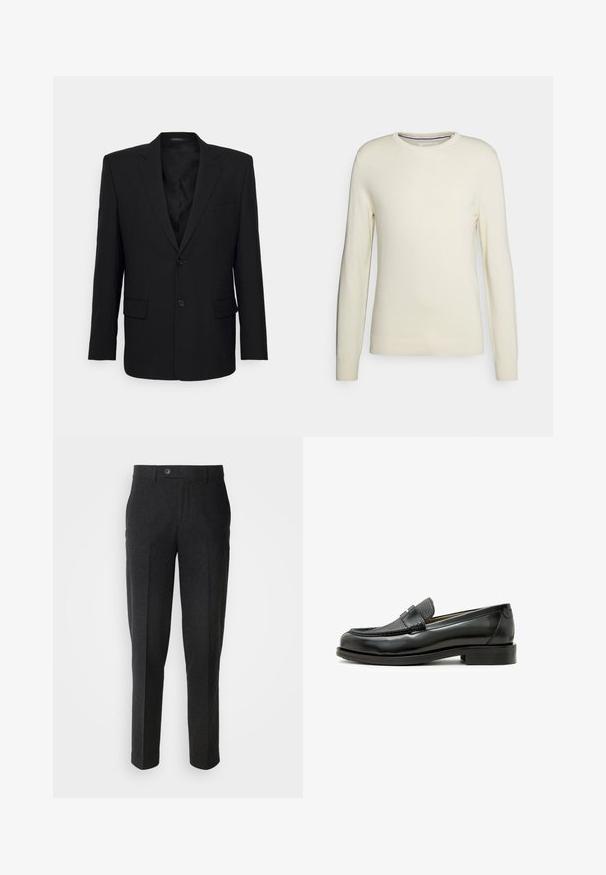 Filippa K TAILORED BLAZER - Blazerjasje - black; Crème-kleurig, trui met ronde hals, lange mouwen, ribgebreide manchetten en onderrand. Gemaakt van zachte brei-stof zonder patronen of versieringen.; Lindbergh FORMAL PANT - Broek - black melange; Zwarte leren loafer met een textuuraccent van zwart leer, ronde neus en een lage blokhak; beschikt over een decoratief metallic detail.