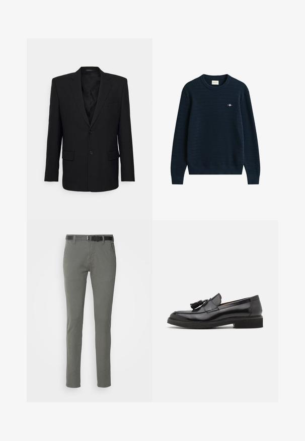 Filippa K TAILORED BLAZER - Pikkutakki - black; Tummansininen neulepusero, jossa on tekstuuripinta, pyöreä kaula-aukko ja pieni logo rinnassa. Pitkät hihat sekä resorit hihoissa ja helmassa.; Harmaat puuvillahousut, joissa on kapea malli, musta vyö, kaksi sivutaskua ja yksinkertainen muotoilu. Pehmeä materiaali, jossa ei ole näkyviä kuvioita.; Mustat nahkaiset loafertossut, joissa on nauhakoriste, pyöristetty kärki ja teksturoitu pohja. Ominaisuuksiin kuuluu sileä pinta ja minimalistinen muotoilu.
