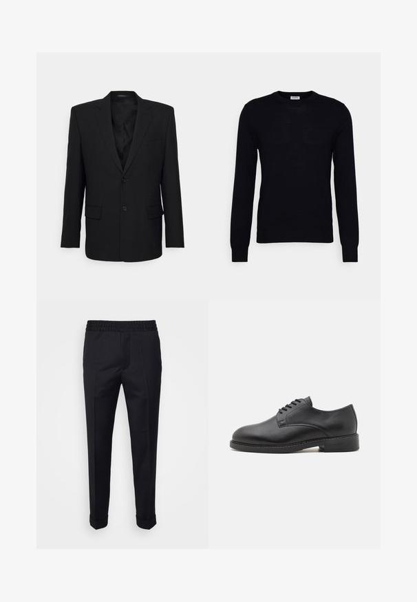 Filippa K TAILORED BLAZER - Pikkutakki - black; Musta pitkähihaine neulepaita pehmeästä neulostavasta materiaalista. Pyöreä pääntie, resorit hihoissa ja helmassa. Minimalistinen muotoilu ilman näkyviä kuvioita tai nappeja.; Mustat housut, jotka on valmistettu kevyestä kankaasta, jossa on joustava vyötärö, sivutaskut ja käännetyt hihansuut. Sileä pinta, jossa on etupleatit.; Musta nahkainen oxford-kenkä pyöreällä varvaskärjellä, jossa on sileä pinta, viisi nauhaleskureita ja matala pinoittu korko.