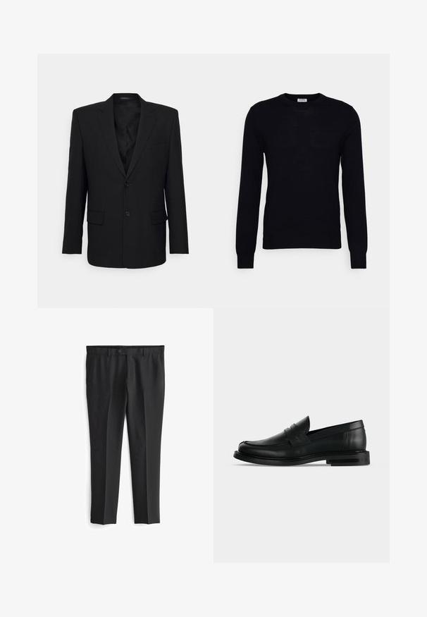 Filippa K TAILORED BLAZER - Veste de costume - black; Pull noir à manches longues en tricot doux. Encolure ronde, poignets et ourlet côtelés. Design minimaliste sans motifs ni boutons visibles.; Pantalons noirs ajustés avec un devant plat, deux poches latérales et une fermeture à bouton. Texture lisse et design à jambe droite.; Mocassin penny pour homme en cuir noir avec talon bas empilé et bout arrondi, vu de profil sur fond gris clair.
