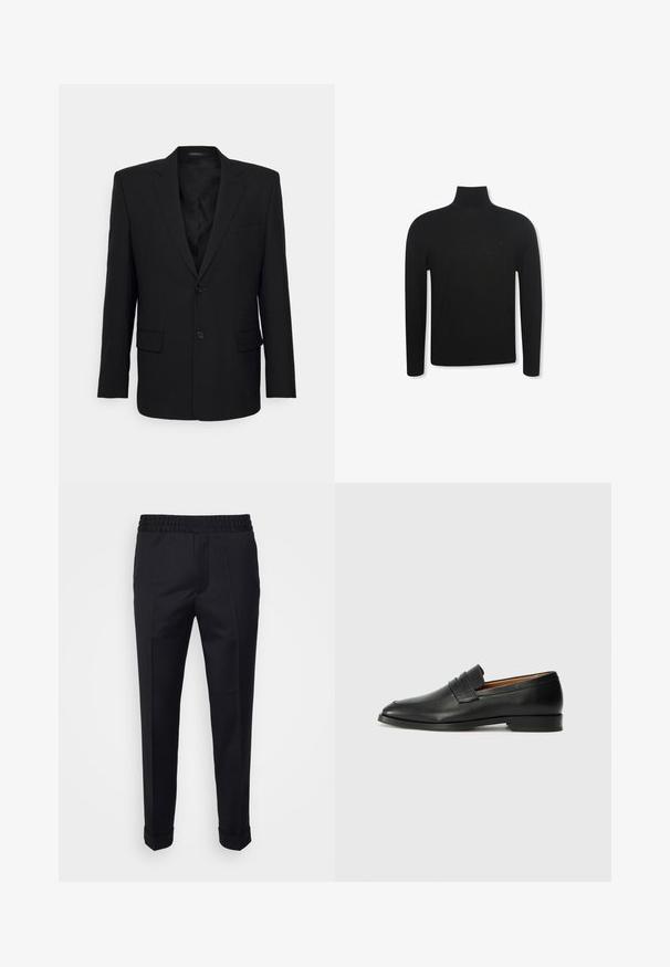 Filippa K TAILORED BLAZER - Sakko - black; Schwarzer Langarm-Rollkragenpullover mit schmaler Passform und dezentem Logo auf der linken Brustseite, dargestellt vor weißem Hintergrund.; Schwarze Hosen aus leichtem Stoff, mit einem elastischen Bund, seitlichen Taschen und aufgerollten Säumen. Glatte Textur mit vorderen Falten.; Schwarze Leder-Slipper mit runder Zehenform, dezenten gestickten Details und niedrigem Absatz, ausgestattet mit glatter Textur und minimalistischem Design.