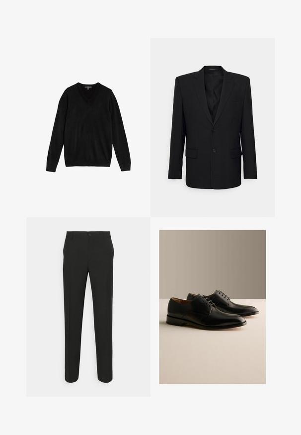 Filippa K TAILORED BLAZER - Americana - black; Suéter negro con cuello en V hecho de tejido suave y de punto. Mangas largas, puños y bajo acanalados, diseño sencillo sin patrones ni detalles.; Pantalones negros ajustados con corte recto, que cuentan con un cierre de un solo botón y trabillas para cinturón. Tejido liso, mate y sin patrones.; Par de zapatos formales negros de cuero con cordones, exhibidos sobre una superficie clara con un fondo beige liso.