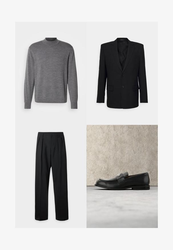 Filippa K TAILORED BLAZER - Veste de costume - black; Pull gris à manches longues en matériau tricoté, avec un col montant et un logo discret sur la poitrine. Texture lisse et design ajusté.; Pantalon noir taille haute, sur-mesure, avec passants pour ceinture, plis sur le devant, fermeture par bouton et jambes droites larges sur fond clair.; Mocassin en cuir noir avec une plaque de marque en métal reposant près d'une table ronde marron sur un sol recouvert de moquette beige.