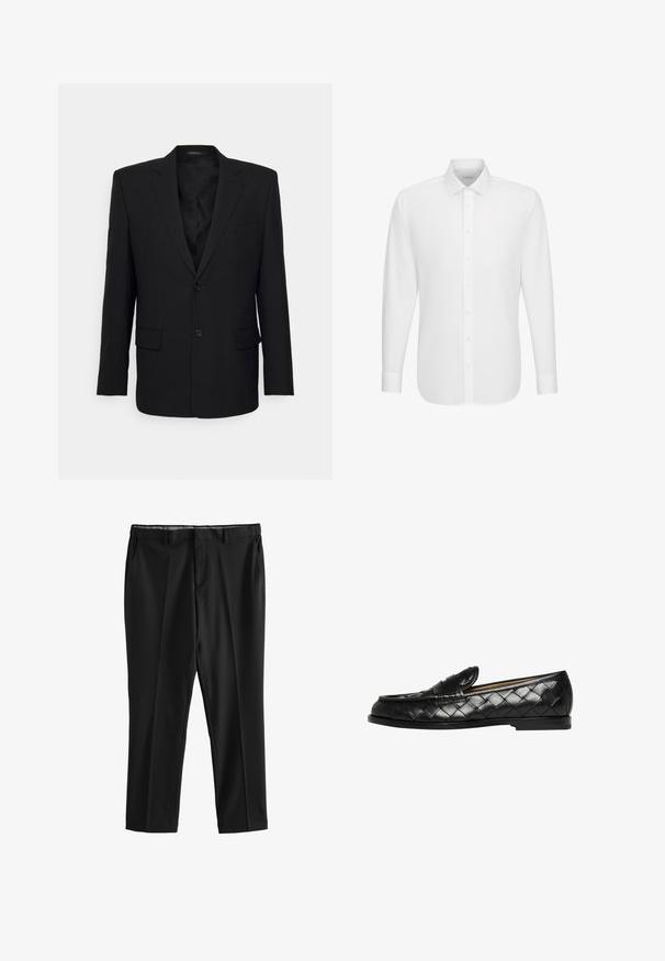 Filippa K TAILORED BLAZER - Blazere - black; Hvid skjorte med lange ærmer, knaplukning foran og klassisk krave, vist på en ensfarvet hvid baggrund.; Sorte formelle bukser med bæltestropper, forlommer og lige ben, vist fladt på en hvid baggrund.; Sorte læderloafers med vævet tekstur, rund tå og flad gummisål. Har en dekorativ rem tværs over vristen.
