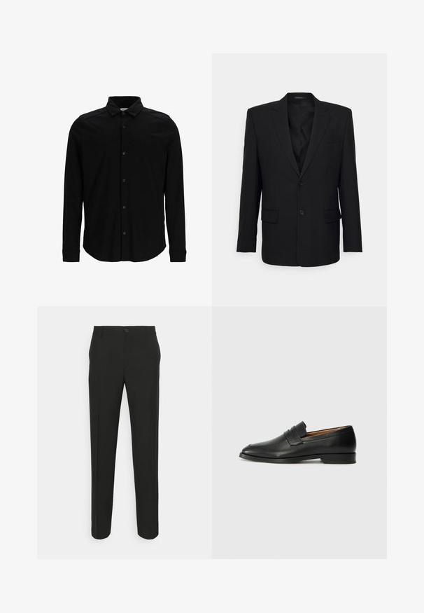 Filippa K TAILORED BLAZER - Blazere - black; Sort langærmet skjorte lavet af glat stof, med knaplukning foran, krave og en diskret broderet logo på brystet.; Sorte skræddersyede bukser med lige snit, der har en enkelt knaplukning og bæltestropper. Glat, mat stof uden mønstre.; Sort læder loafer med rund tå, diskret syning, og lav hæl, der har en glat tekstur og minimalistisk design.