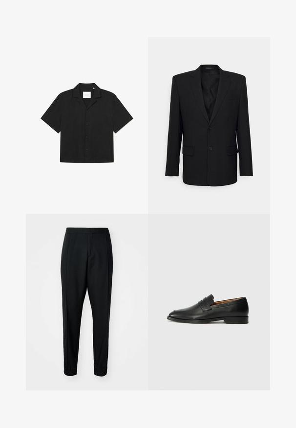 Filippa K TAILORED BLAZER - Blazere - black; Sort kortærmet skjorte med knaplukning, flad krave, glat tekstur og subtilt mønster på stoffet, mærket "LES DEUX" indvendigt.; Sorte tapered bukser med en glat tekstur, elastisk talje og manchetter. Har folder foran for et skræddersyet udseende.; Sort læder loafer med rund tå, diskret syning, og lav hæl, der har en glat tekstur og minimalistisk design.