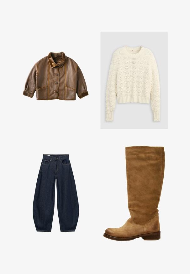 Brun læderjakke med pelsforet krave, der har knaplukning, to forlommer og kontrastfarvede syninger.; Flødefarvet strikket sweater med et struktureret, indviklet hulmønster samt ribbet kant ved ærmer og bund.; Mørkeblå vidde jeans med frontlommer, bæltestropper og knaplukning i taljen.; Brune ruskinds knæhøje støvler med rund tå og lav blokhæl. Glat overflade, minimal syning, og et logodetail nær hælen.