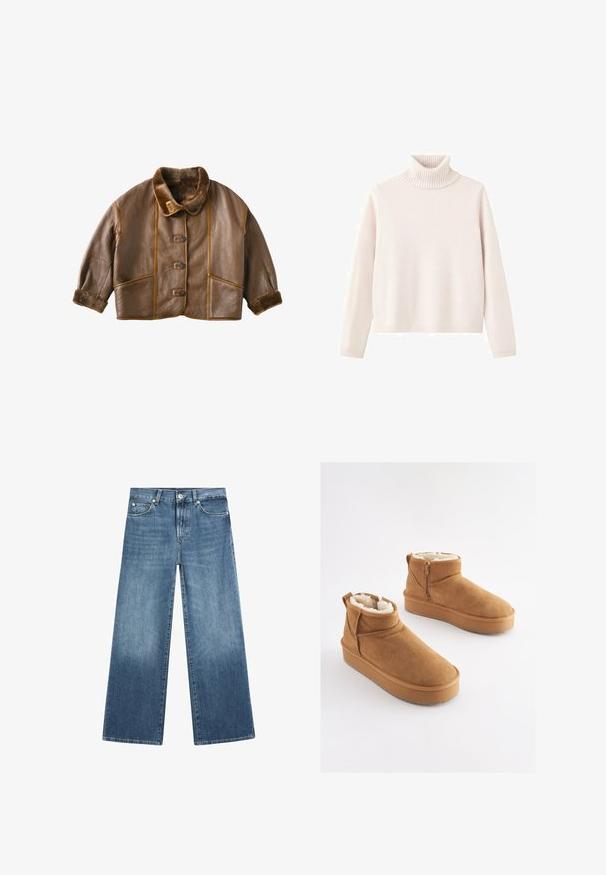 Brun læderjakke med pelsforet krave, der har knaplukning, to forlommer og kontrastfarvede syninger.; Lyserød turtleneck sweater lavet af blødt strikket stof, har ribbet krave og manchetter, med en afslappet pasform og minimalistisk design.; Blå vidde jeans med knapper foran, lynlås, bæltestropper og lommer foran og bagpå.; Lysebrune ankelstøvler i ruskind med imiteret pelsforing, flad platformssål og lynlås i siden for nem påtagning. Har rundet tå og minimal syning.