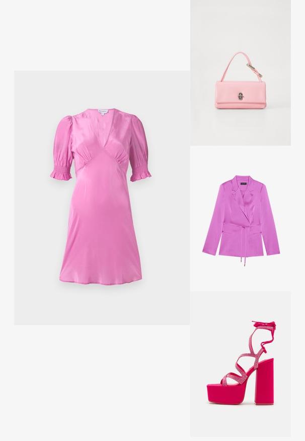 Blazer en satin rose avec un col cranté, des manches longues et une taille à nouer. Comprend deux poches avant et une texture lisse et brillante.; Robe en satin rose avec de courtes manches bouffantes, un décolleté en V et des détails froncés au niveau de la poitrine et des ourlets de manches. Texture lisse et brillante.; Steve Madden CHAMPAGNE - Sandales à plateforme - pink; Sac à main en cuir rose avec une forme rectangulaire structurée, une seule courte poignée et un détail de fermoir en ton argent à l'avant.