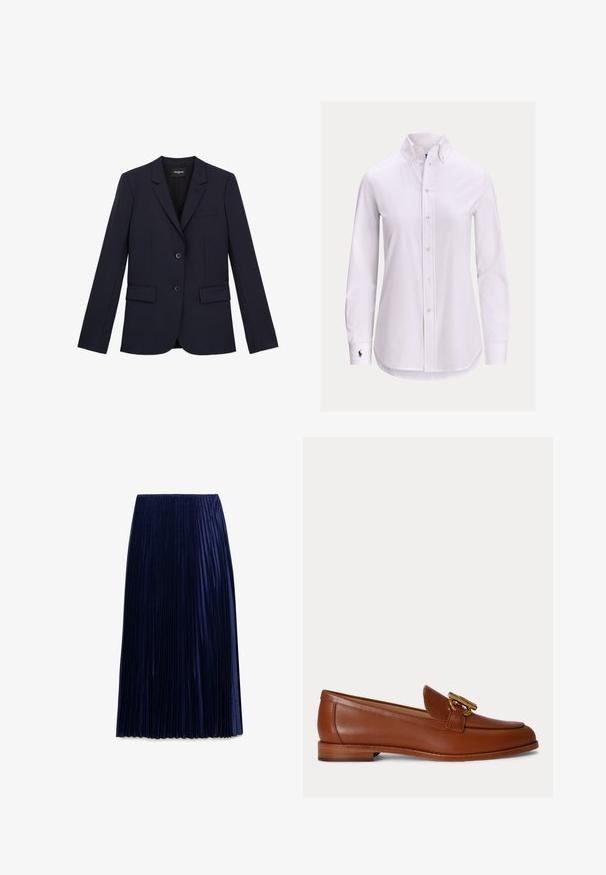 Marineblå skræddersyet blazer med to knapper, klapkrave og tre lommer. Fremstillet af et glat stof med en struktureret pasform og minimale detaljer.; Hvid langærmet skjorte med knapper foran, knappet krave og lille broderet logo på venstre manchet.; Mørkeblå plisseret midi-nederdel lavet af letvægtsstof med en glat overflade, der har jævnt fordelt lodrette folder og en elastisk talje.; Brun læder loafer med lav stakket hæl og guldfarvet metal spænde på toppen, vist i sideprofil på en ensfarvet baggrund.