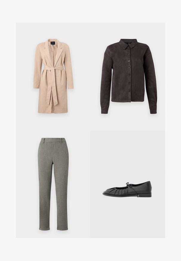 Abrigo largo beige con textura tejida, solapas rebajadas, cintura ceñida con cinturón y mangas largas, que presenta una abertura central y un diseño sólido.; Camisa de botones de color marrón oscuro, hecha de un material suave similar al ante. Presenta un cuello clásico, mangas largas y seis botones en la parte delantera.; Pantalones ajustados gris tailored con trabillas para cinturón y bajos remangados, adecuados para ropa formal o de oficina.; Zapato plano negro con diseño delantero plisado y un lazo atado en la parte superior, tacón bajo y textura lisa sobre un fondo gris claro.