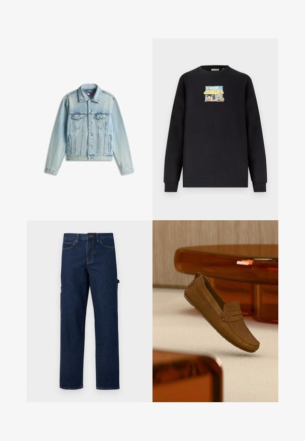 Veste en denim bleu clair avec fermeture à boutons, deux poches à rabat sur la poitrine et poches latérales pour les mains, posée à plat sur fond blanc.; Sweat-shirt noir à manches longues avec un petit graphique coloré d'une devanture de magasin avec un auvent rayé jaune, centré sur la poitrine.; Pantalon cargo en denim bleu foncé avec jambes droites, poches latérales et coutures contrastées. Comprend une fermeture à bouton et des passants pour ceinture.; Mocassin en daim marron avec des coutures apparentes flottant au-dessus d'un tapis beige, avec un meuble translucide orange en arrière-plan.